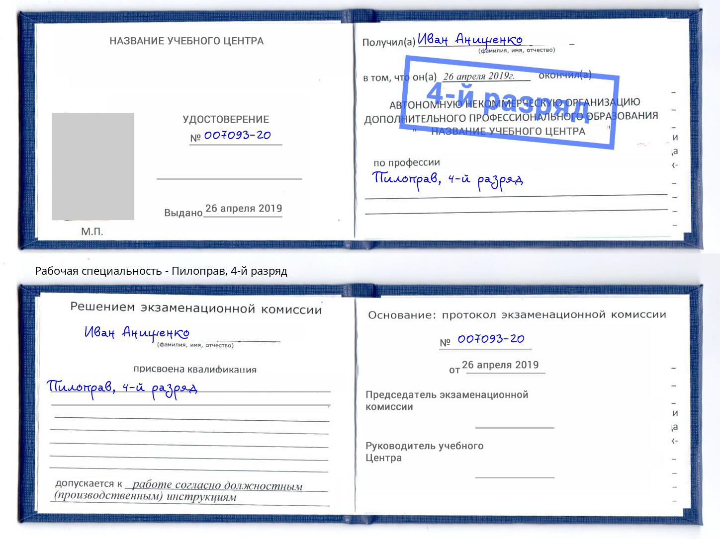 корочка 4-й разряд Пилоправ Заринск