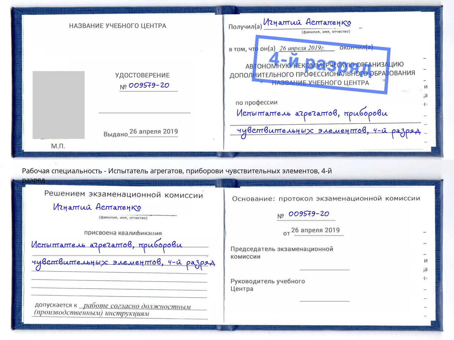 корочка 4-й разряд Испытатель агрегатов, приборови чувствительных элементов Заринск