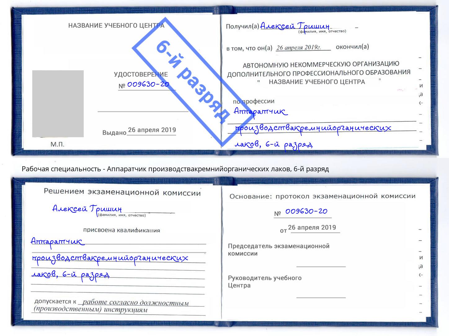 корочка 6-й разряд Аппаратчик производствакремнийорганических лаков Заринск