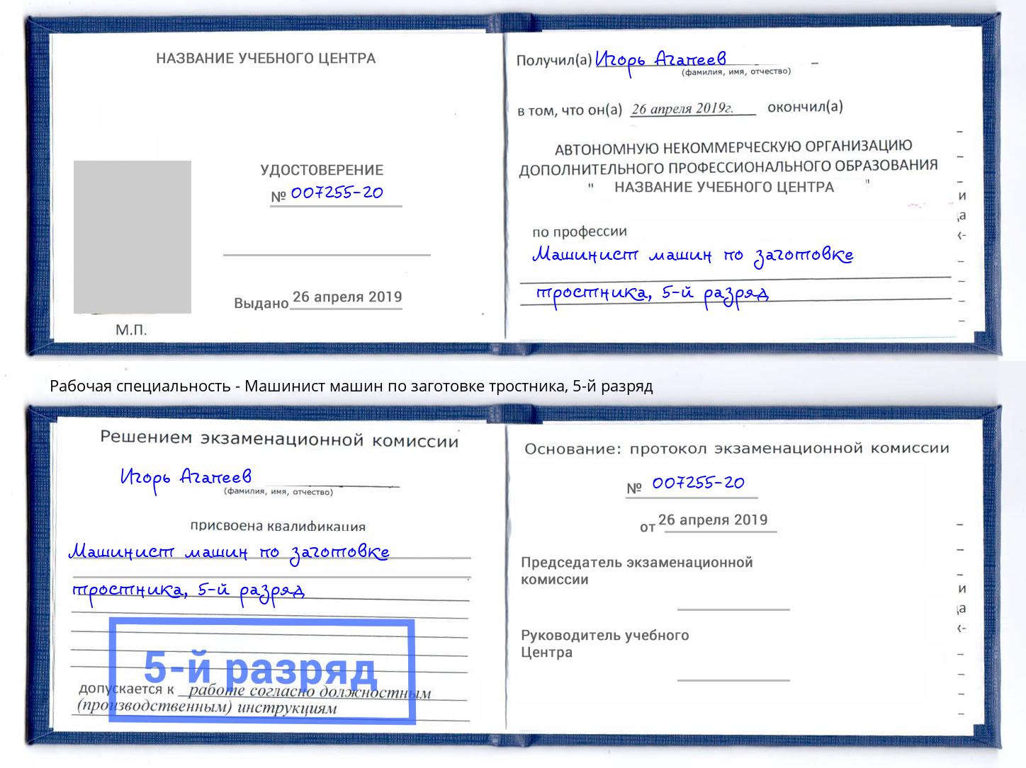 корочка 5-й разряд Машинист машин по заготовке тростника Заринск