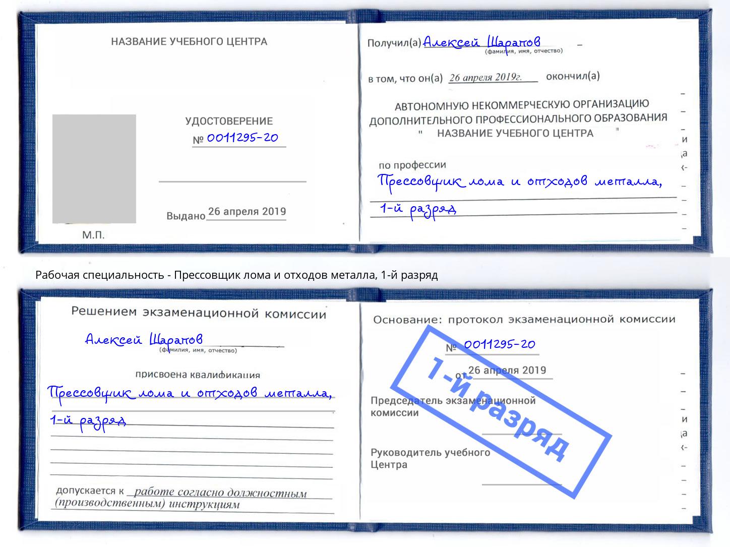 корочка 1-й разряд Прессовщик лома и отходов металла Заринск