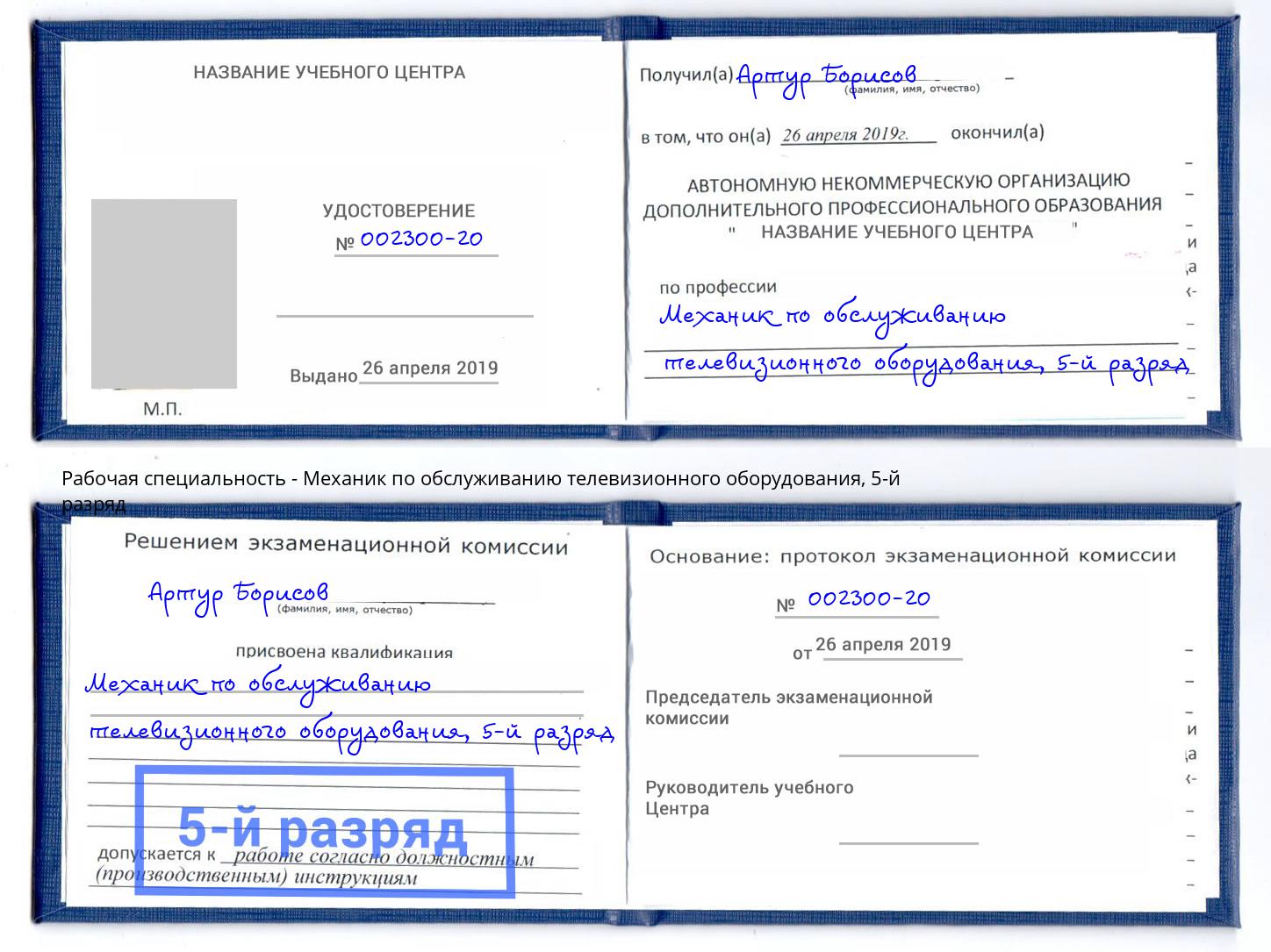 корочка 5-й разряд Механик по обслуживанию телевизионного оборудования Заринск