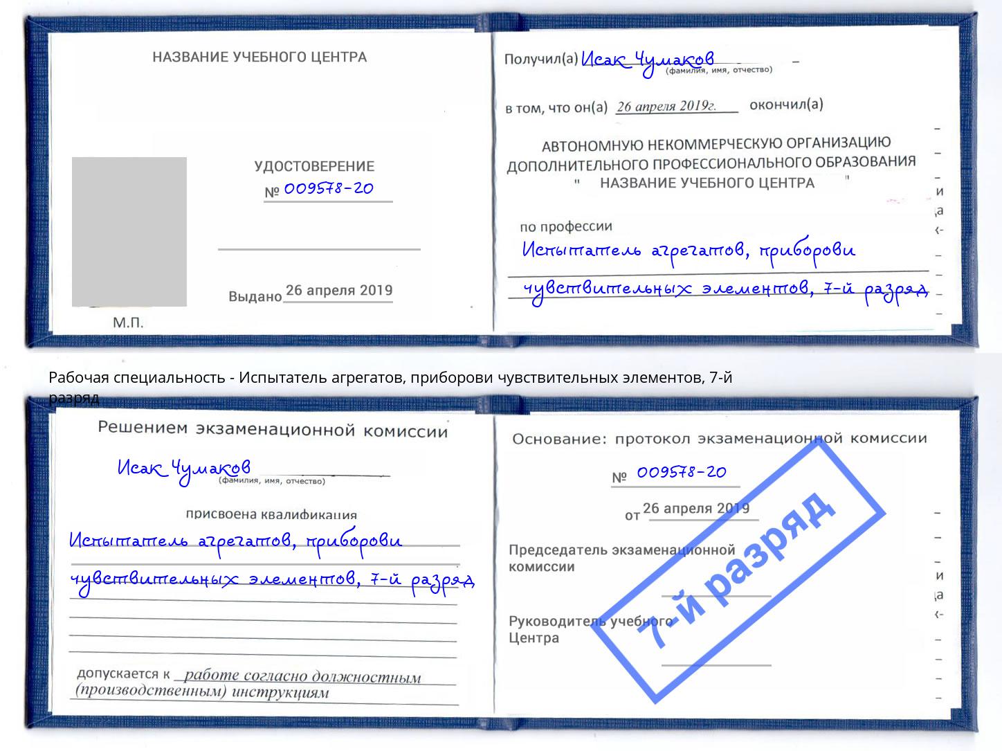 корочка 7-й разряд Испытатель агрегатов, приборови чувствительных элементов Заринск