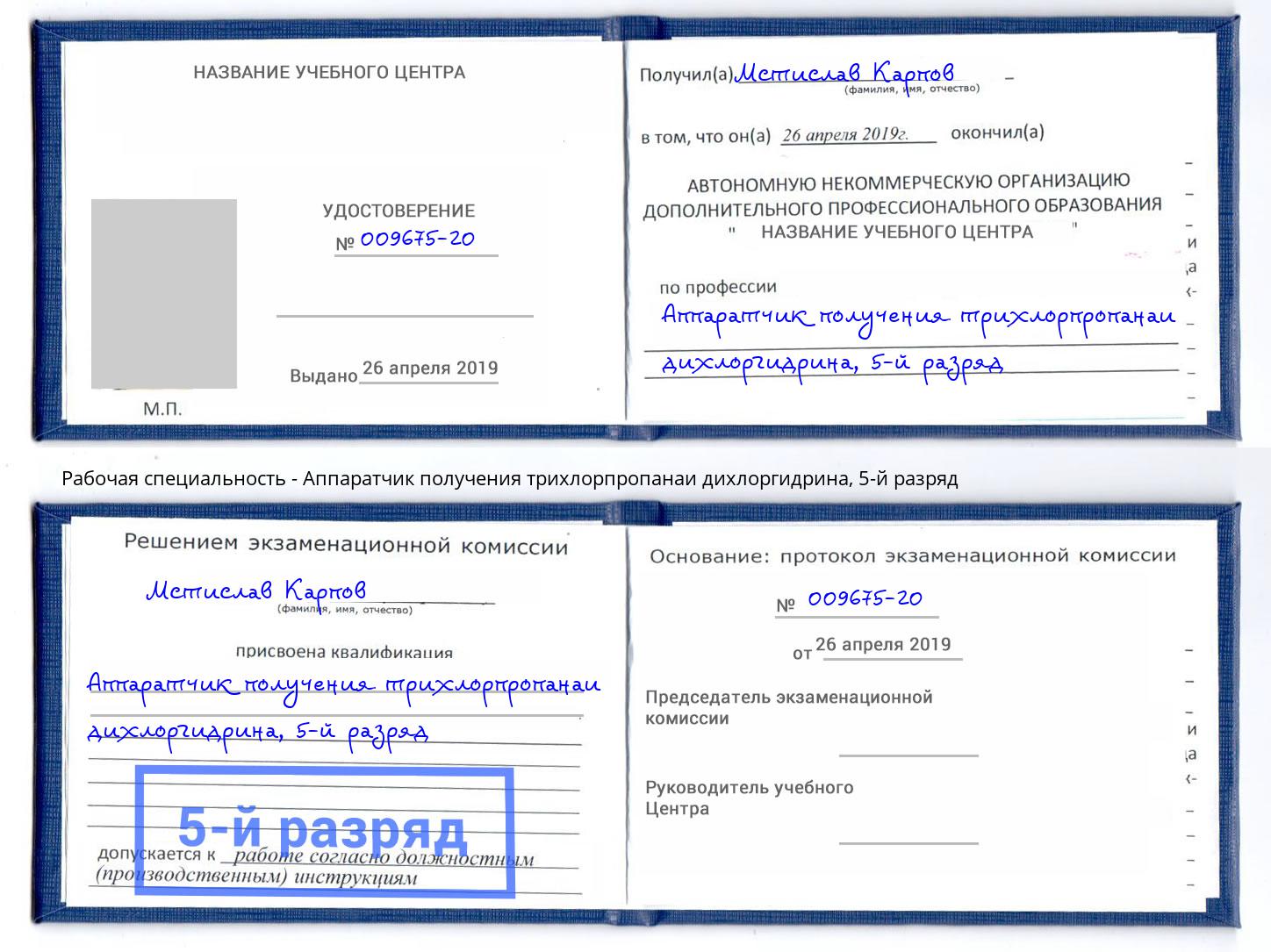 корочка 5-й разряд Аппаратчик получения трихлорпропанаи дихлоргидрина Заринск