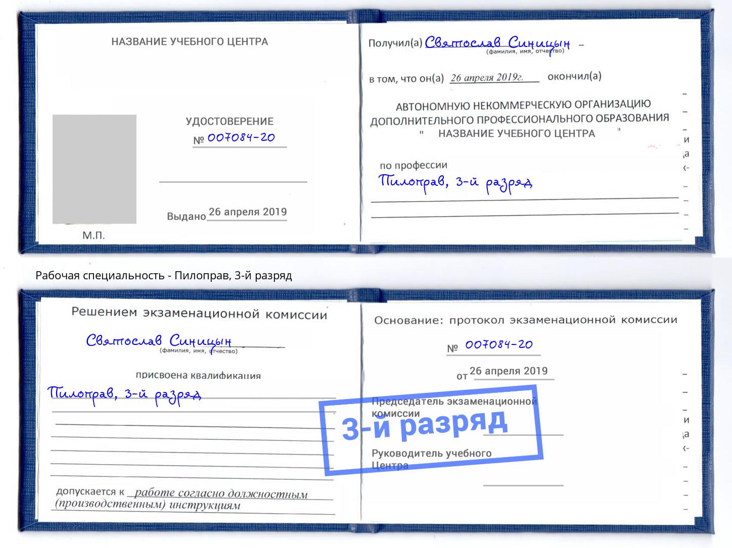 корочка 3-й разряд Пилоправ Заринск