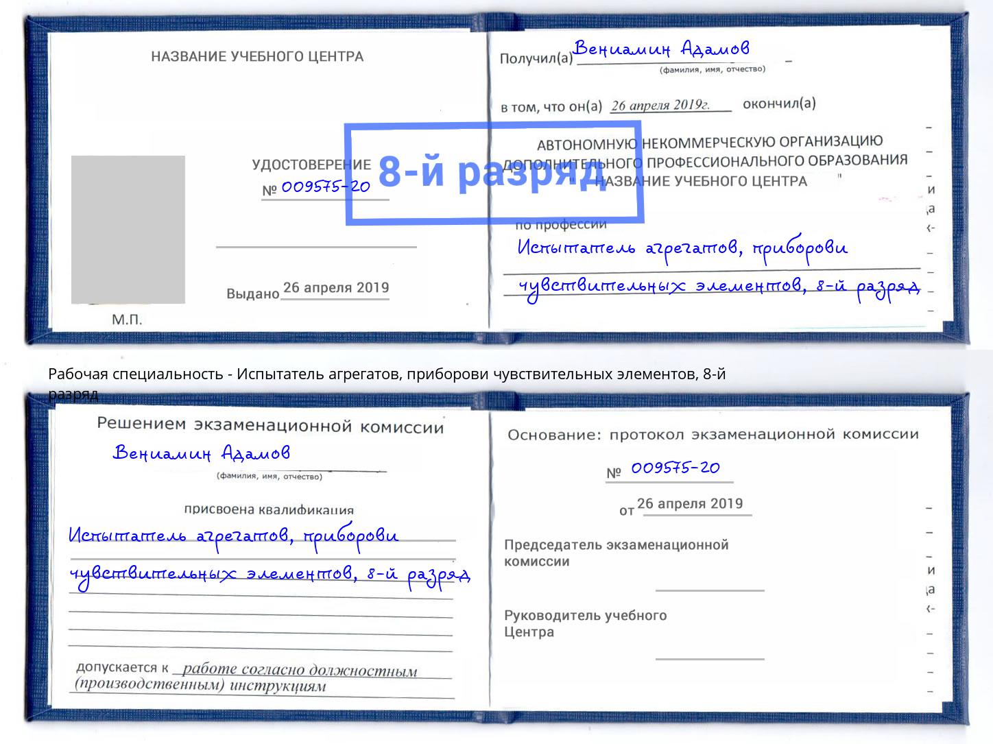корочка 8-й разряд Испытатель агрегатов, приборови чувствительных элементов Заринск